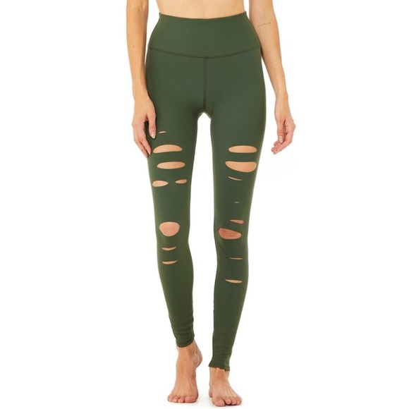 ALO YOGA Hunter Green Ripped Warrior Leggings - Picture 1 of 7